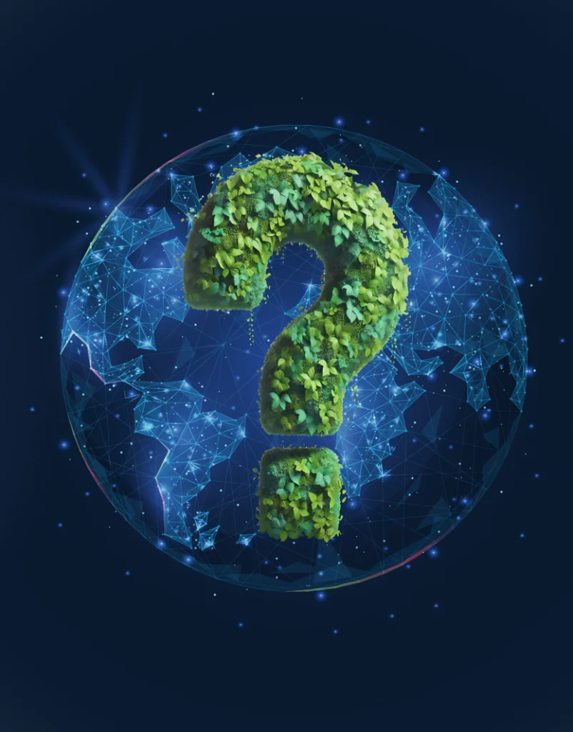 Een wereldbol met een groen vraagteken van bladeren
