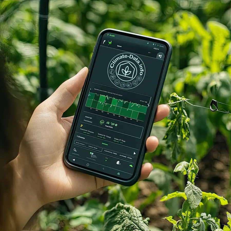 Eine Hand hält in einem Gewächshaus ein Telefon mit einem Climate-Data Bericht